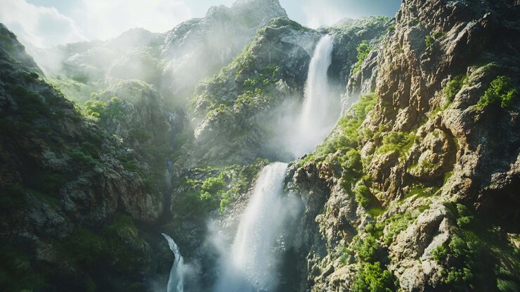 PSD majesticas cascadas que caen en cascada por los escarpados acantilados de las montañas la exuberante vegetación se aferra a la roca se enfrenta a la luz del sol que se filtra a través de la niebla creando una escena natural serena y poderosa