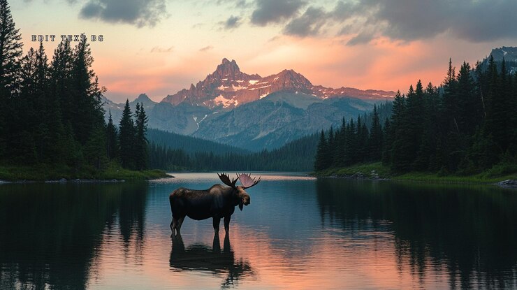 PSD majestico alce em um lago tranquilo ao pôr-do-sol com fundo de montanha