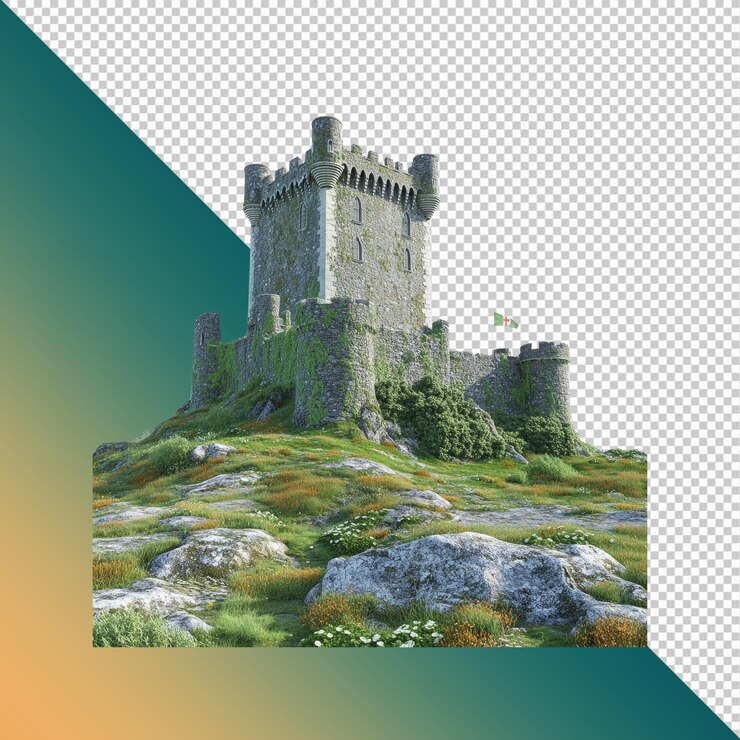 PSD majestico castelo de pedra em uma colina verdejante com uma bandeira