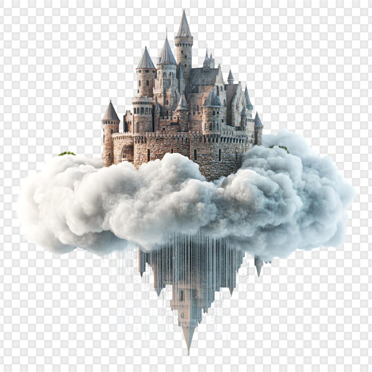 PSD majestico castillo de piedra flotando por encima de las nubes con un reflejo perfecto del cielo