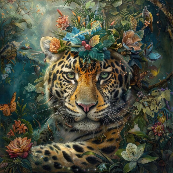 PSD majestico jaguar adornado com uma coroa floral vibrante em meio à exuberante folhagem da selva