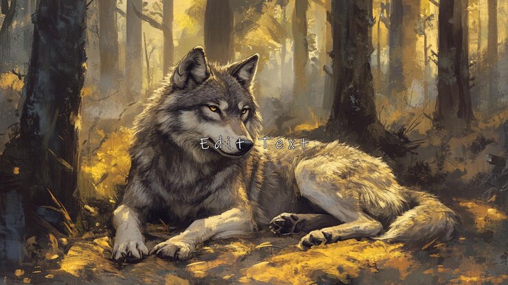 PSD majestico lobo descansando en el bosque de otoño bañado en la luz dorada del sol