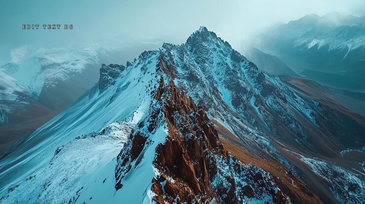 PSD majestico pico de montaña cubierto de nieve con crestas rocosas visto desde una perspectiva aérea
