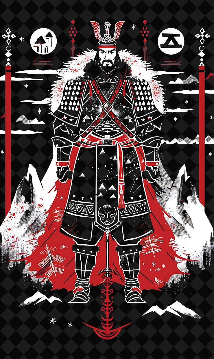 PSD majestico retrato asiático de takin mongol que lleva un bardiche con ilustración personaje de guerrero animal