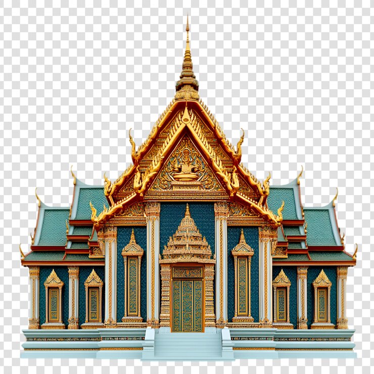 PSD majestico templo tailandês com acentos de ouro nas paredes de teal