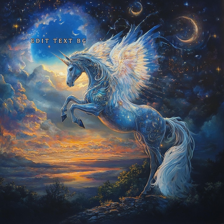 PSD une majestueuse licorne ailée ornée de motifs célestes saute sur un coucher de soleil vibrant et un ciel étoilé.