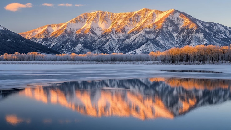 PSD el majestuoso amanecer ilumina las montañas cubiertas de nieve reflejadas en un lago congelado