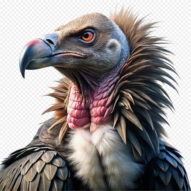 PSD el majestuoso buitre tiene plumas detalladas, un pico afilado, ojos perforantes, plumaje de cuello arrugado.