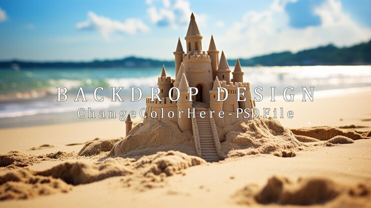PSD un majestuoso castillo de arena en una playa soleada