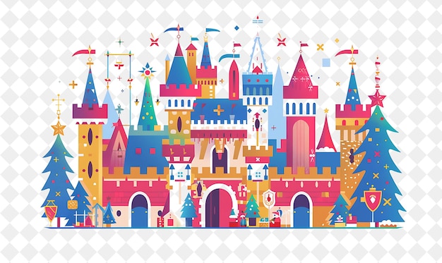 El majestuoso castillo de Navidad con caballeros y princesas Diseño Ilustración Diseño artístico de Navidad
