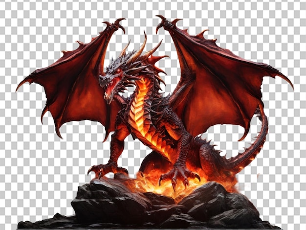 PSD un majestuoso dragón rojo y naranja extendiendo sus alas sobre un fondo transparente