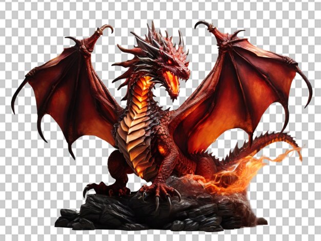 Un majestuoso dragón rojo y naranja extendiendo sus alas sobre un fondo transparente
