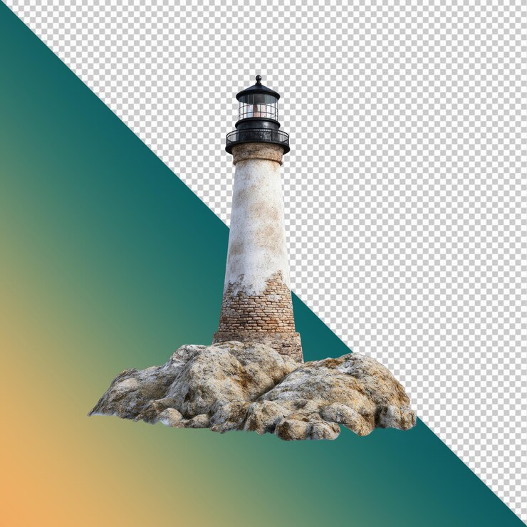 PSD el majestuoso faro en la costa rocosa aislado en un fondo transparente