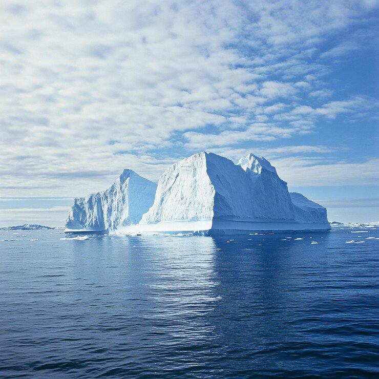 PSD un majestuoso iceberg flota en un océano sereno bajo un cielo parcialmente nublado