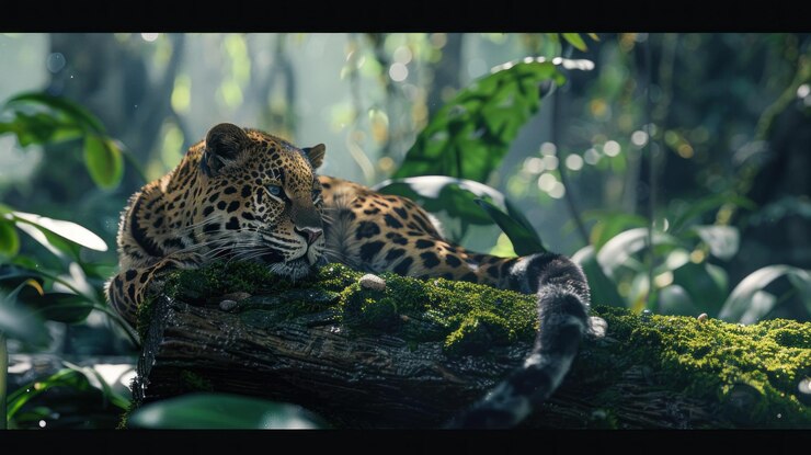 PSD el majestuoso leopardo descansando en un tronco de musgo en la exuberante jungla salpicada de luz solar