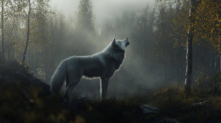 PSD el majestuoso lobo ártico aullando en el bosque de niebla de otoño