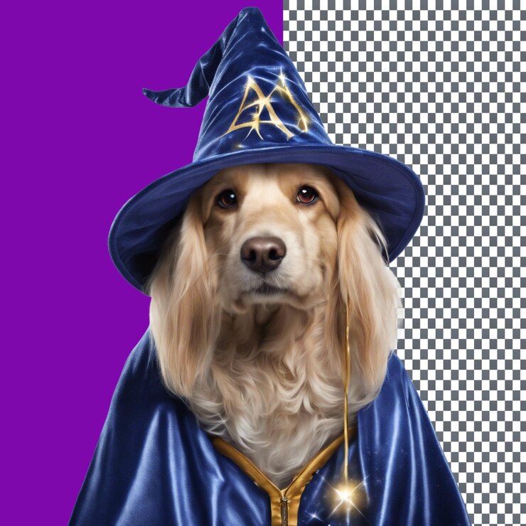 PSD el majestuoso mago perro en traje místico aislado en un fondo transparente