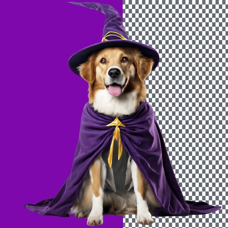 PSD el majestuoso mago perro en traje místico aislado en un fondo transparente