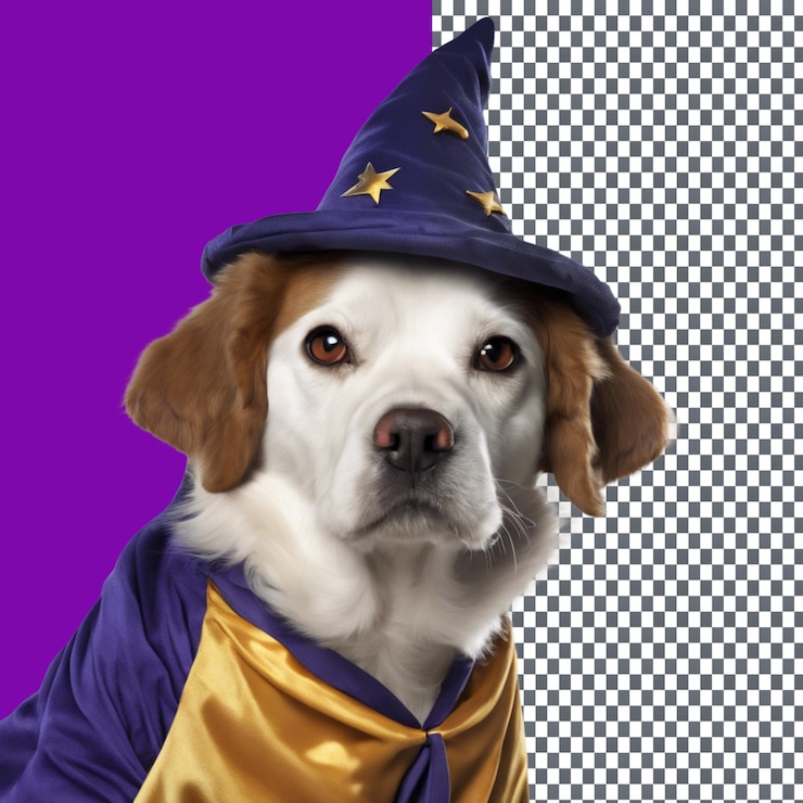 PSD el majestuoso mago perro en traje místico aislado en un fondo transparente