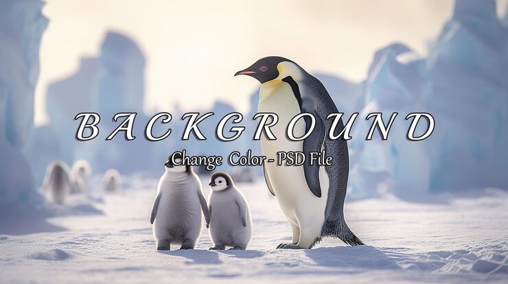 PSD un majestuoso pingüino emperador de pie alto entre los pingüinos bebés en un paisaje pintoresco de iceberg con nieve suave que captura la ternura y las maravillas de la vida silvestre del ártico