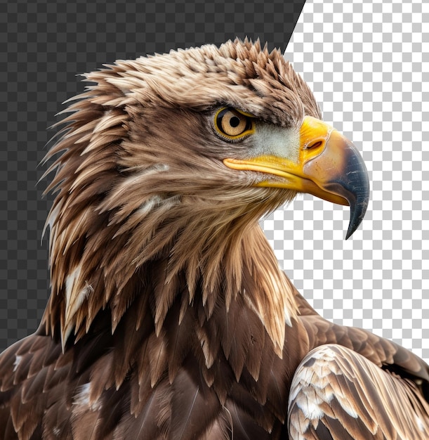 PSD el majestuoso primer plano de la cabeza del águila dorada en un fondo transparente.