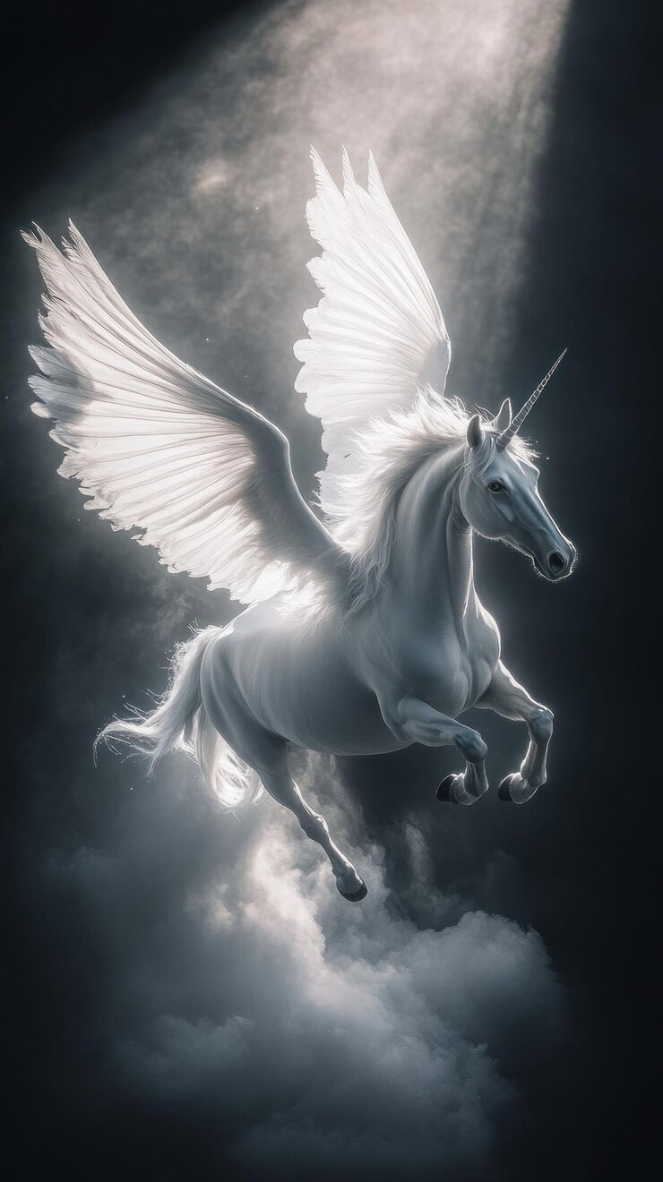 PSD un majestuoso unicornio de alas blancas se eleva a través de las nubes bañado en una suave luz etérea