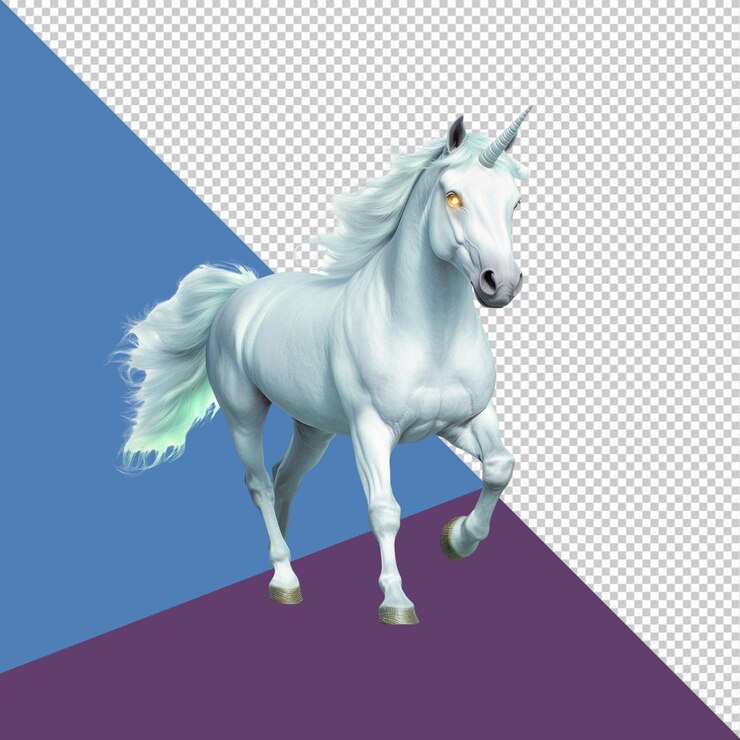 PSD el majestuoso unicornio blanco en movimiento, una criatura de fantasía con ojos brillantes.