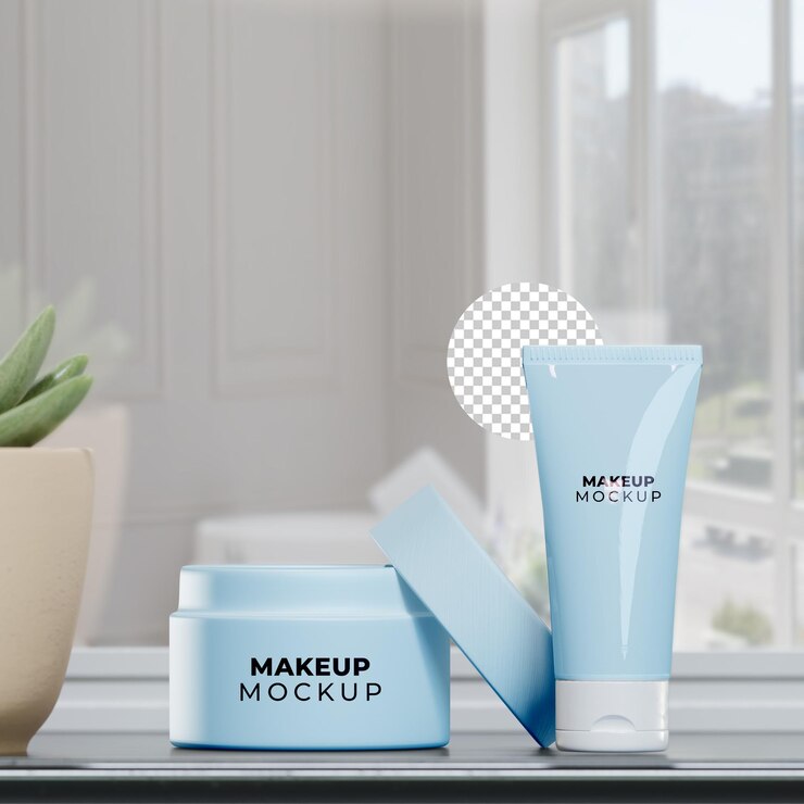 Make-up auf einem Schminktisch mit Spiegel, begleitet von einem pflanzlichen 3D-Rendermodell