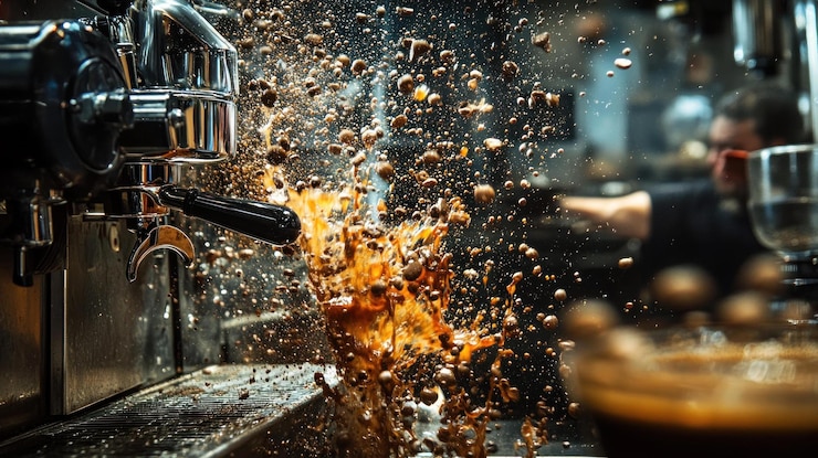 PSD maker di caffè con espresso che esplode dal boccone durante la preparazione