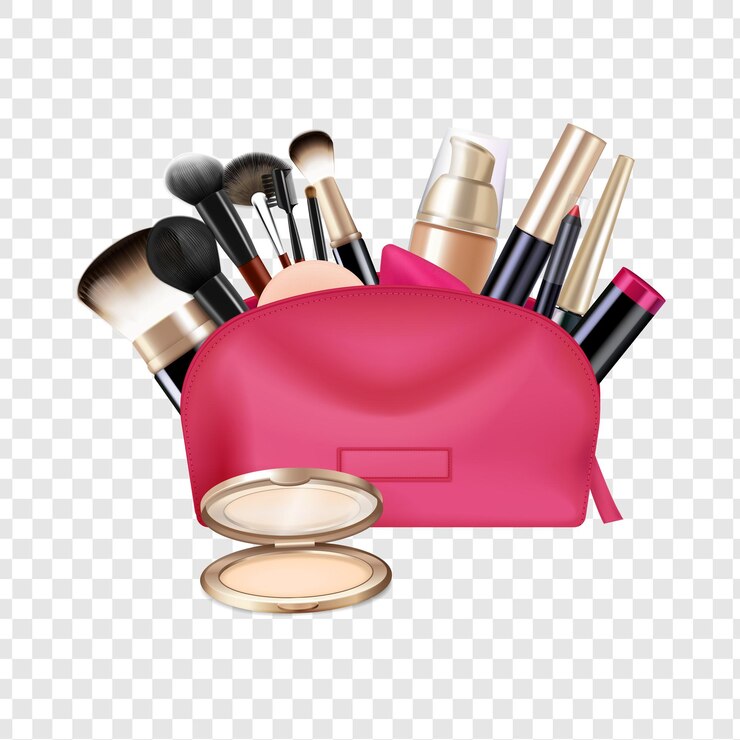 PSD makeup bag with cosmetics and beauty products isolated on transparent background