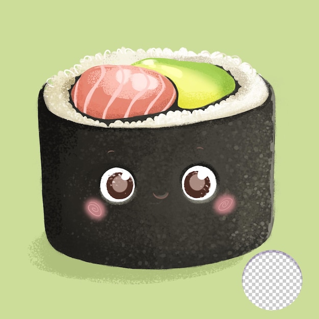 PSD maki de saumon de style kawaii de dessin animé de sushi mignon isolé sur fond vert