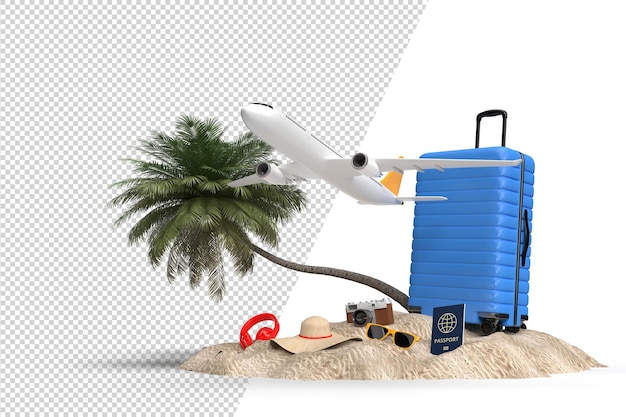 PSD mala com acessórios para aviões e viajantes, itens essenciais para as férias. viagem de férias de aventura e viagens. modelo de maquete de banner de projeto de conceito itinerante. renderização 3d