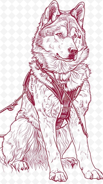 PSD malamute de alaska con un trineo y arnés que se ve poderoso un animal dibujo de arte colecciones vectoriales