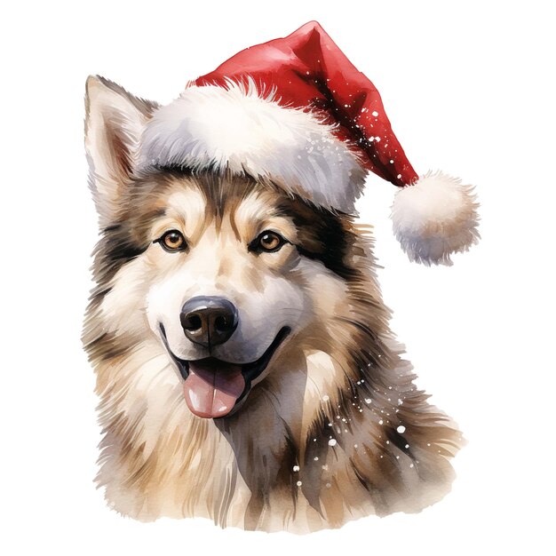 PSD malamute do alasca com um chapéu de papai noel na cabeça