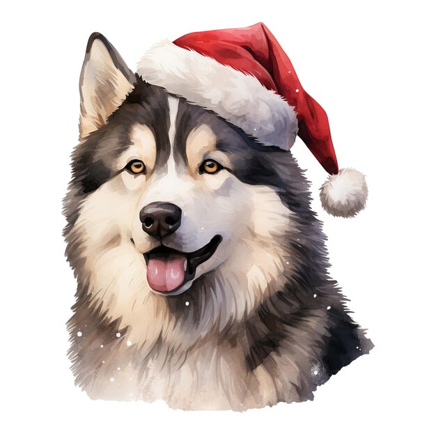 Malamute do alasca com um chapéu de papai noel na cabeça