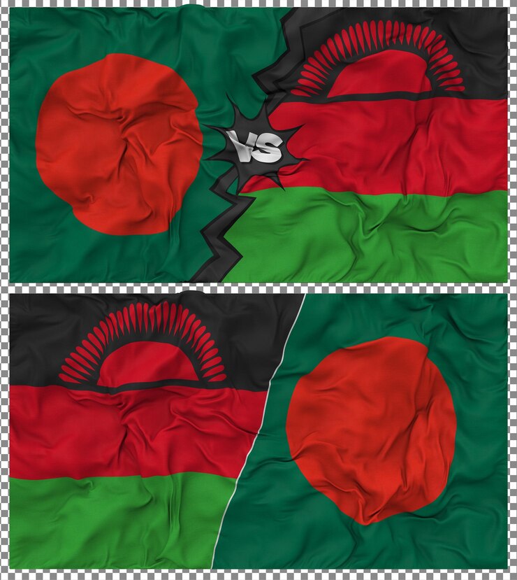 PSD malaui contra bangladesh media bandera combinada construcción de la tela de la bandera en 3d
