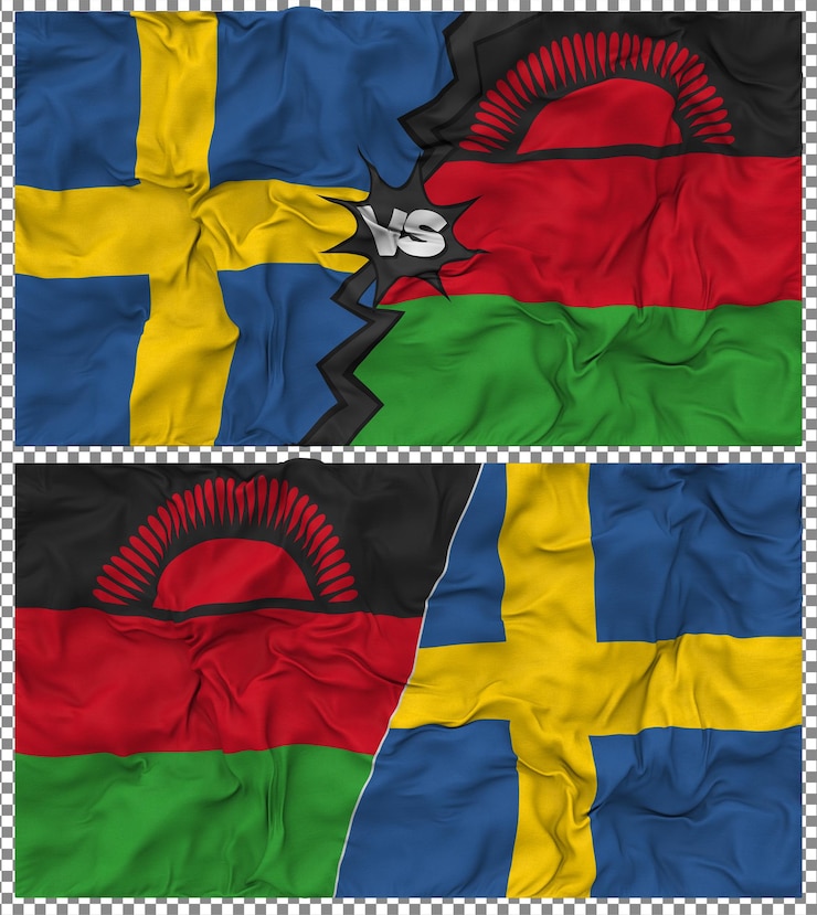 PSD malaui contra suecia media bandera combinada con textura 3d de la tela de la bandera