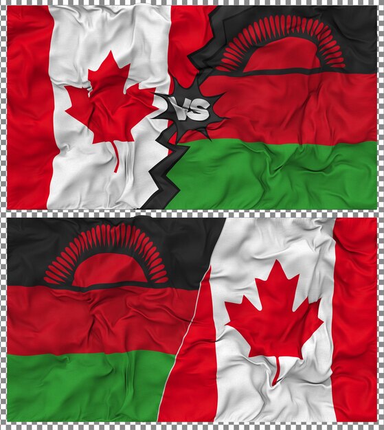 Malawi gegen Kanada Halbkombinierte Flagge Stoff Bump Textur 3D-Rendering