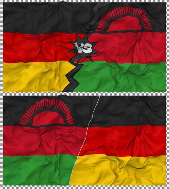 Malawi vs Germania Mezza bandiera combinata Tessuto Bump Texture Rendering 3D