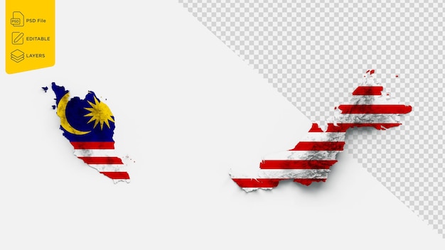 Malaysia-karte, malaysia-flagge, schattierte relief-farbhöhenkarte auf weißem hintergrund, 3d-illustration