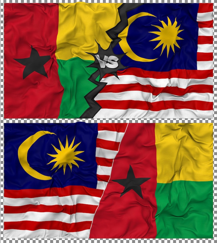PSD malaysia vs guinea bissau half combined flag cloth bump texture 3d rendering