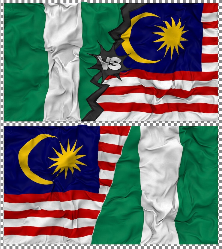 PSD malaysia vs nigeria half combined flag cloth bump texture 3d rendering
