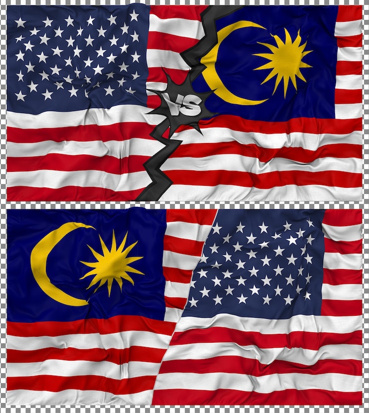 PSD malaysia vs united states half combined flag cloth bump texture bilateral relation 3d rendering