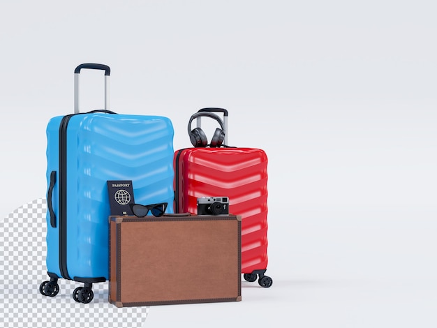 Maleta con auriculares, cámara, gafas de sol de pasaporte y accesorios de viaje