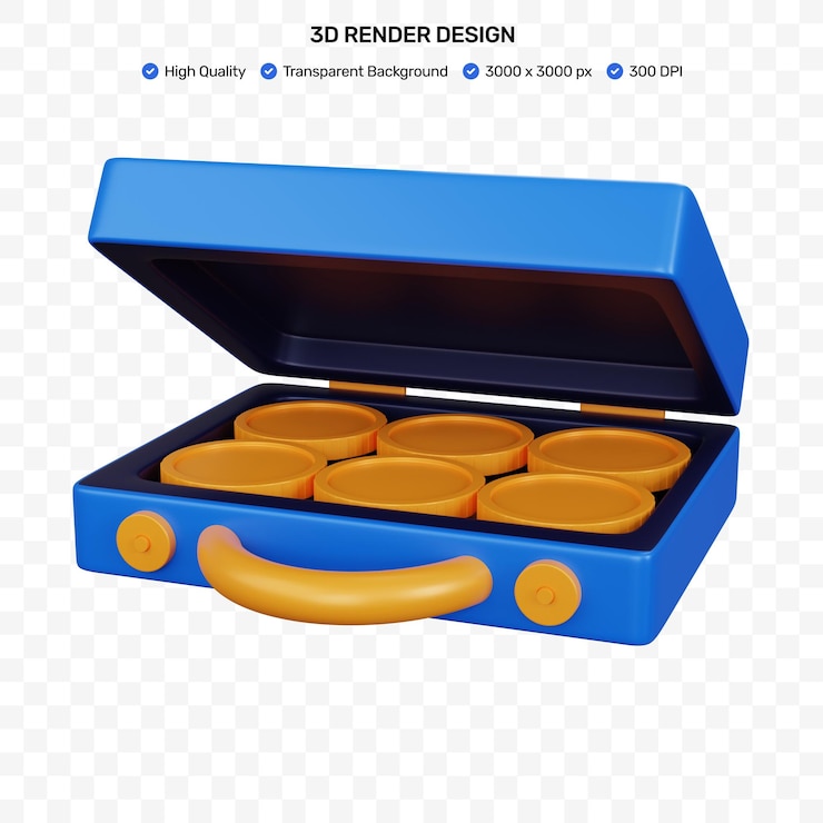 PSD maleta azul de renderizado 3d con moneda aislada