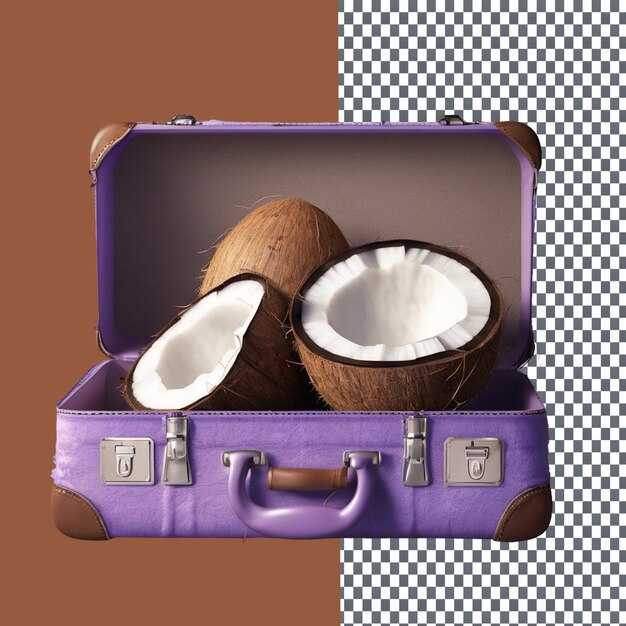 Maleta en forma de coco con etiquetas aisladas en un fondo transparente