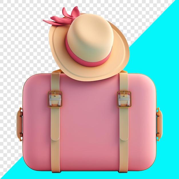 PSD maleta de mujer linda con sombrero de playa en ella diseño 3d adecuado para viajes de negocios y elementos de diseño