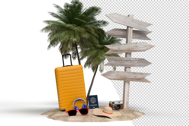 PSD maleta con poste indicador y accesorios de viajero artículos de vacaciones esenciales aventura y viajes vacaciones