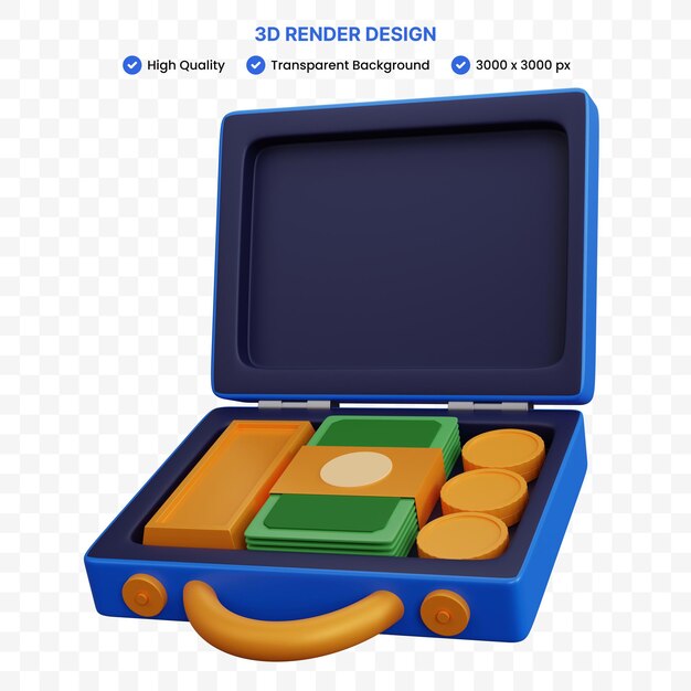 Maleta de renderizado 3d llena de dinero y oro aislado