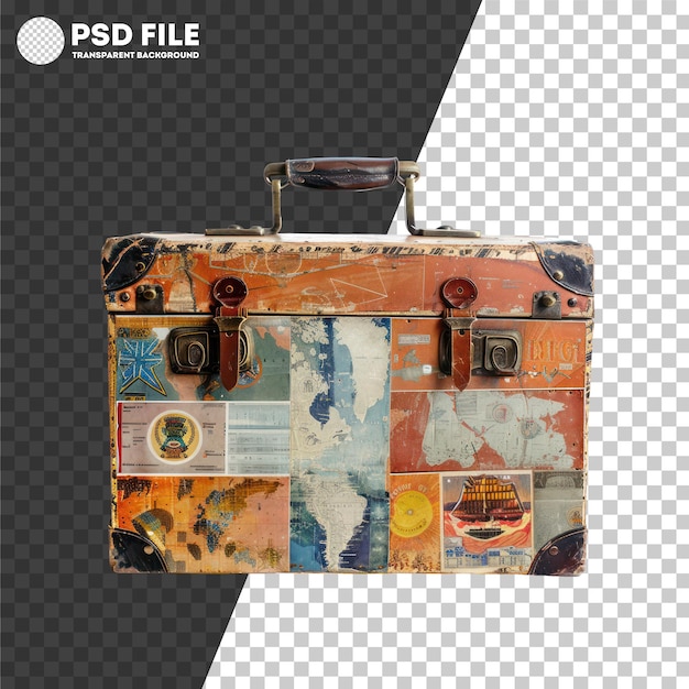 PSD maleta vintage con pegatinas de viaje y mapa del mundo